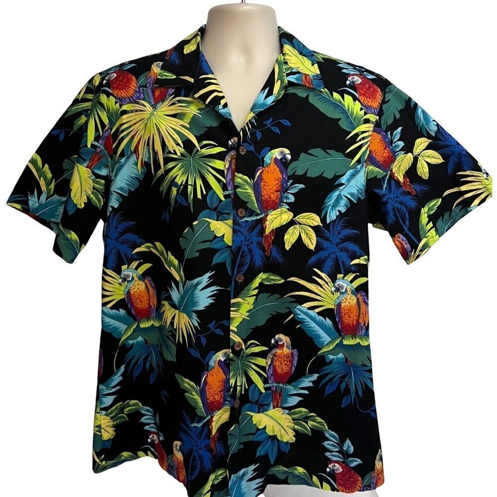 RJC Vintage Hawaiian Aloha Floral Button Front Shirt Large Pocket Cotton Parrots